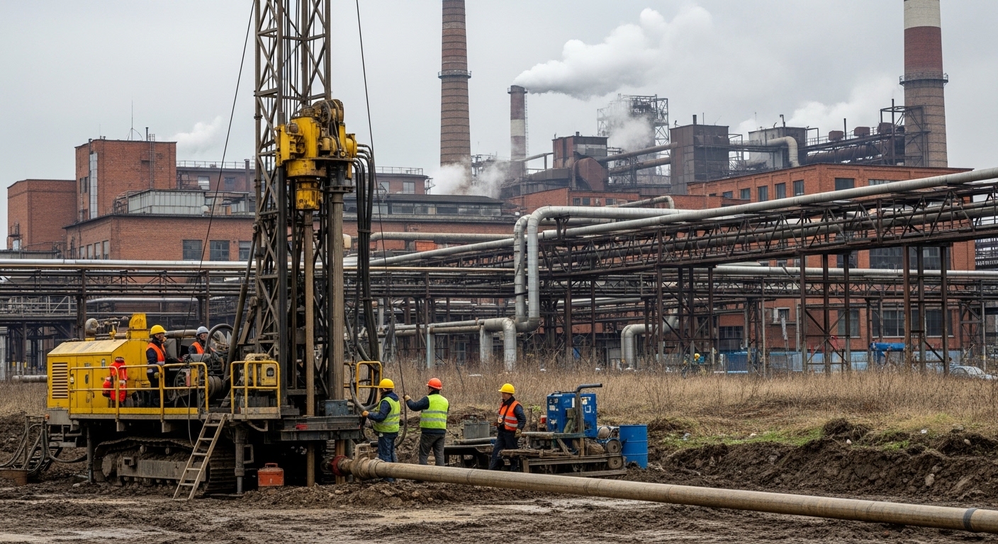 Echipament specializat de foraj pompe freatice lucrând pe un șantier cu sol dificil